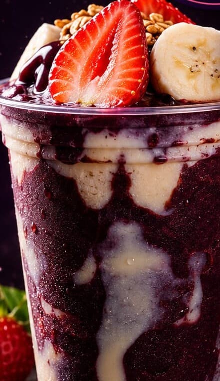 Açaí das Duas montado com morango, banana e granola